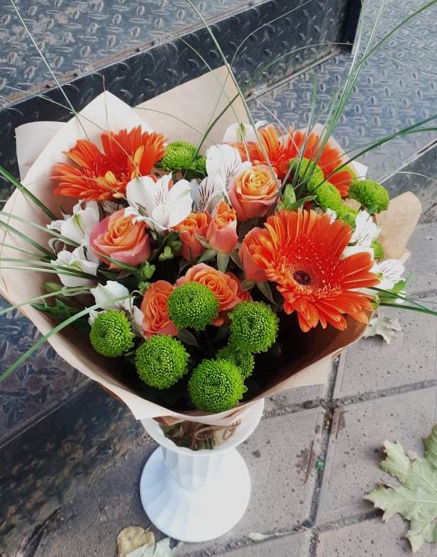 Букет цветов из: Герберы, Хризантемы, Альстромерии и Розы в Тюменцево