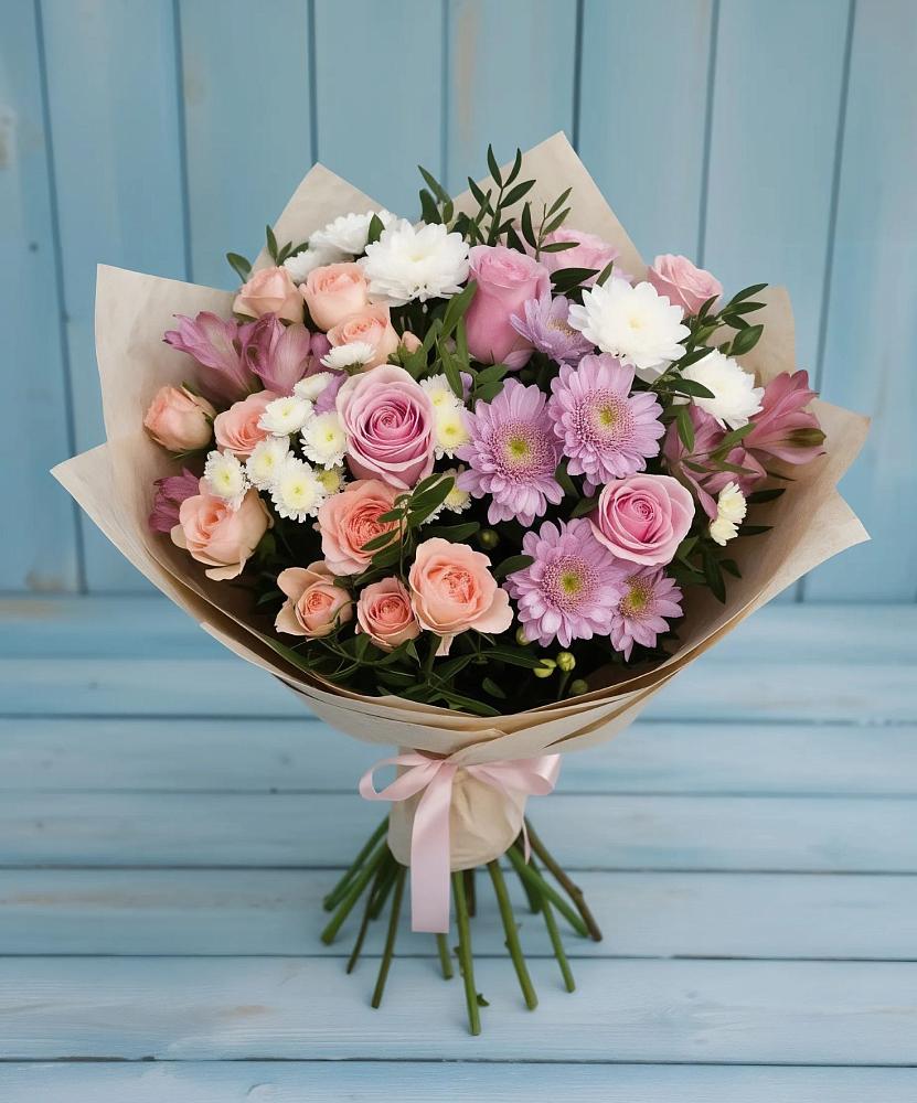 Букет цветов из: Хризантемы, Розы и Альстромерии в Тюменцево