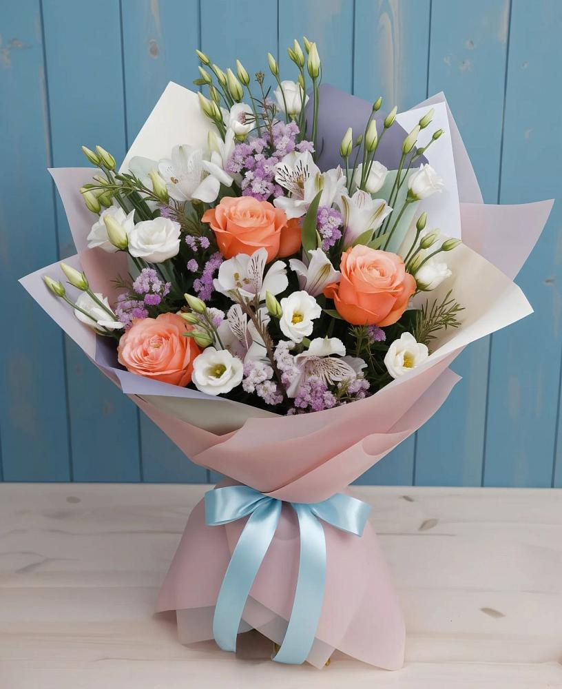 Букет цветов из: Лизиантусы, Розы, Альстромерии и Гипсофила в Тюменцево