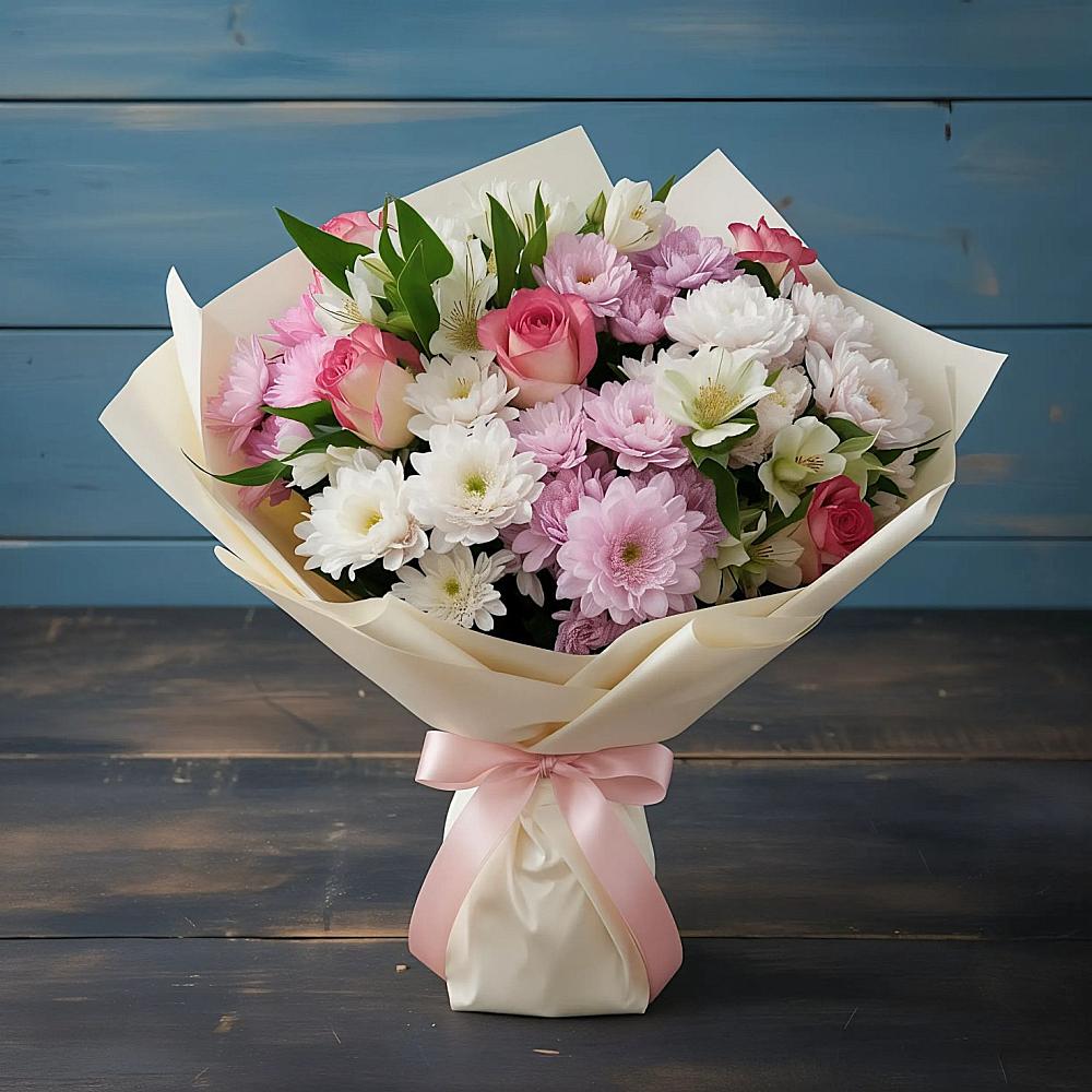 Букет цветов из: Хризантемы, Альстромерии и Розы в Тюменцево